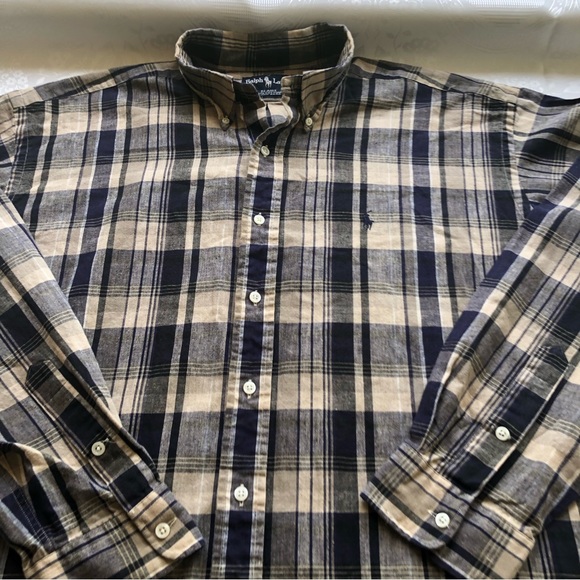 Ralph Lauren Men’s Size XL Blaire Navy/Tan Plaid Dress Linen Shirt Long Sleeves - Picture 8 of 14